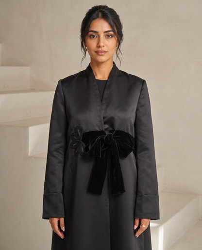 Elegant Satin Evening Abaya with Velvet Tie Belt and Floral Textured Motifs