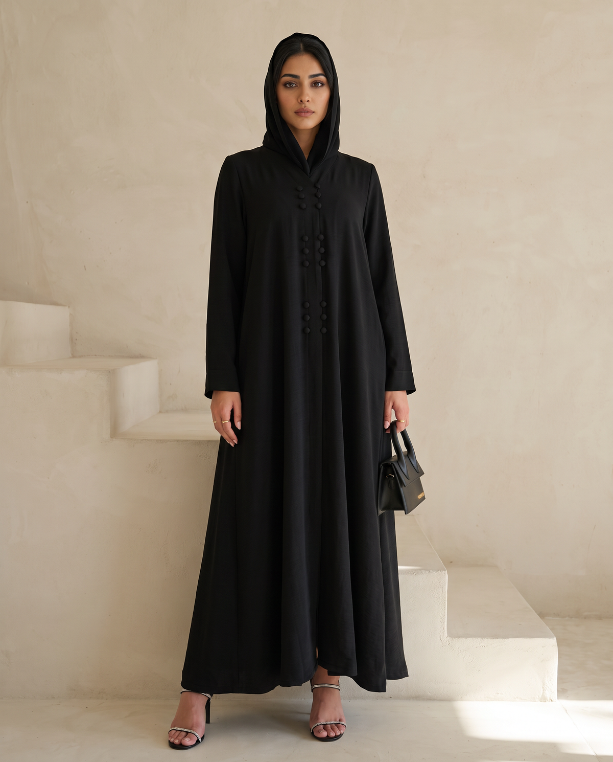 Elegant Minimalist Black Abaya with Vertical Button Accents