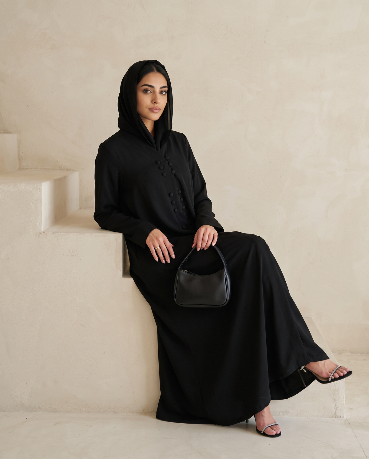 Elegant Minimalist Black Abaya with Vertical Button Accents
