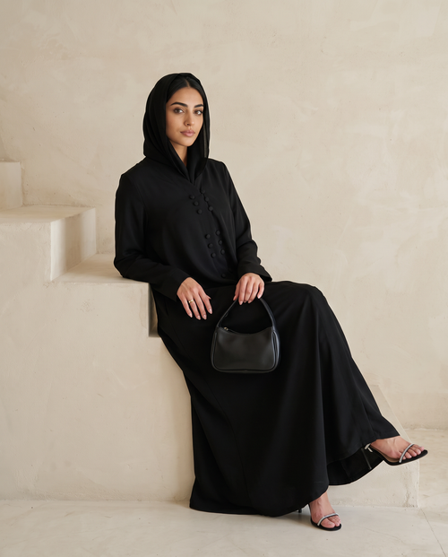 Elegant Minimalist Black Abaya with Vertical Button Accents – hover image