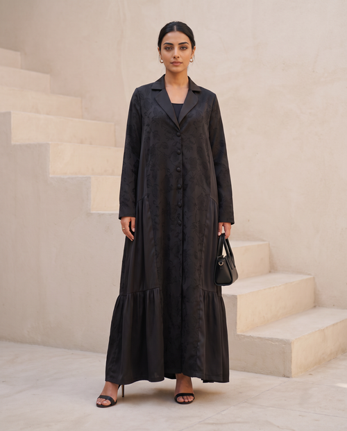 Midnight Noir Jacquard Rose Panel Abaya with Satin Lapel & Tiered Hem