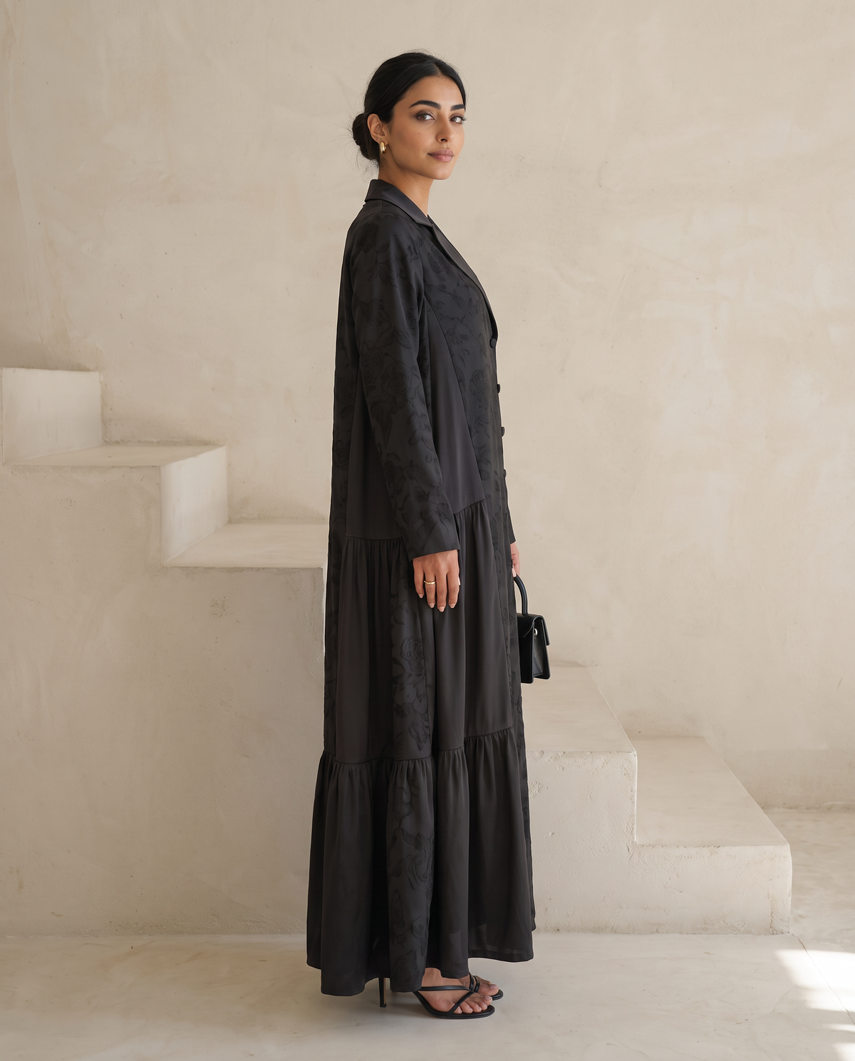 Midnight Noir Jacquard Rose Panel Abaya with Satin Lapel & Tiered Hem