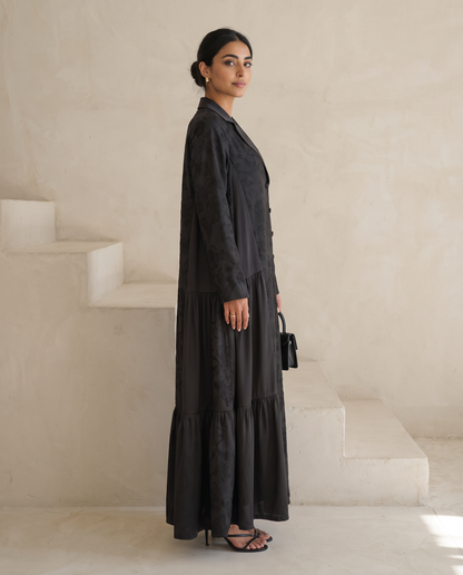 Midnight Noir Jacquard Rose Panel Abaya with Satin Lapel & Tiered Hem