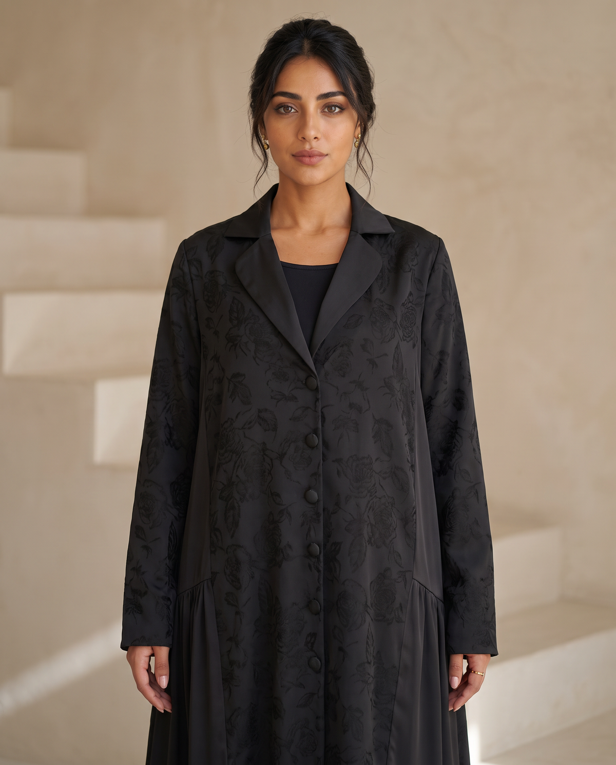 Midnight Noir Jacquard Rose Panel Abaya with Satin Lapel & Tiered Hem