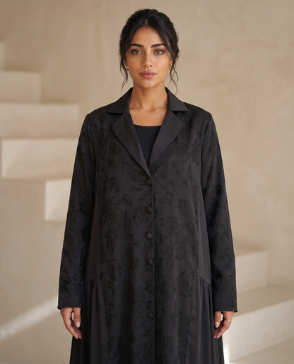 Midnight Noir Jacquard Rose Panel Abaya with Satin Lapel & Tiered Hem