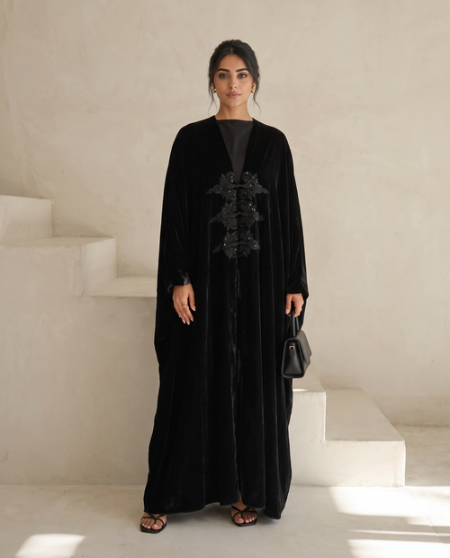 Premium Black Velvet Abaya with Intricate Central Hand Embellishment