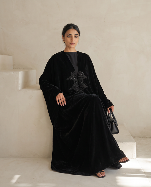 Premium Black Velvet Abaya with Intricate Central Hand Embellishment – hover image