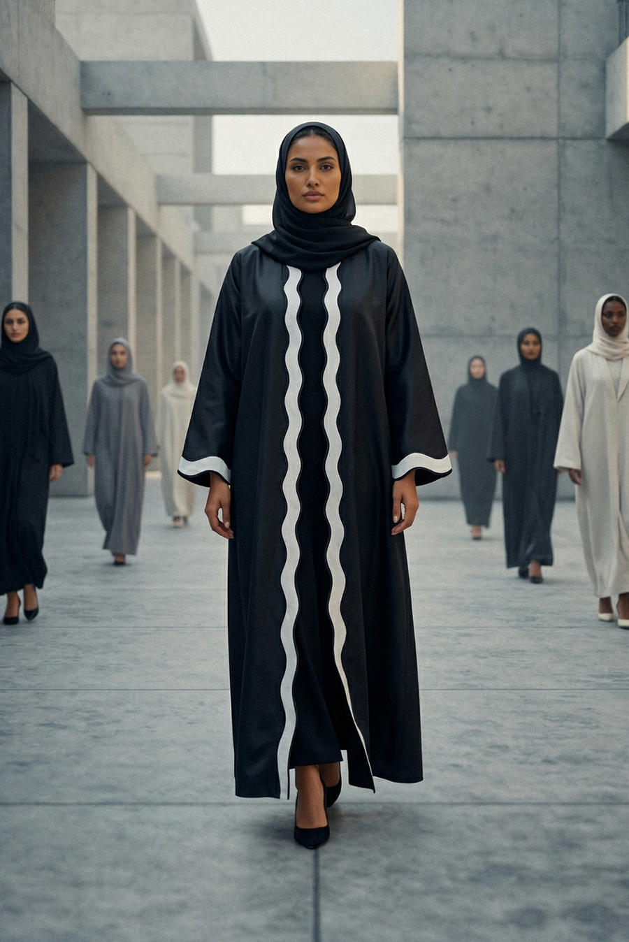 Black Taffeta Abaya with Wavy Contrast Center Panel and Cuff Accents