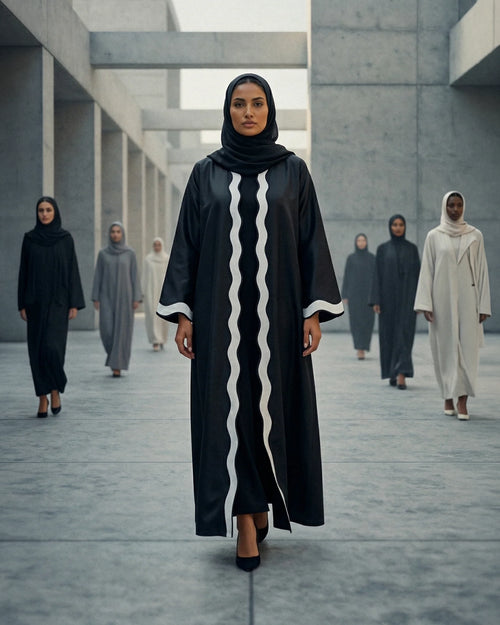 Black Taffeta Abaya with Wavy Contrast Center Panel and Cuff Accents