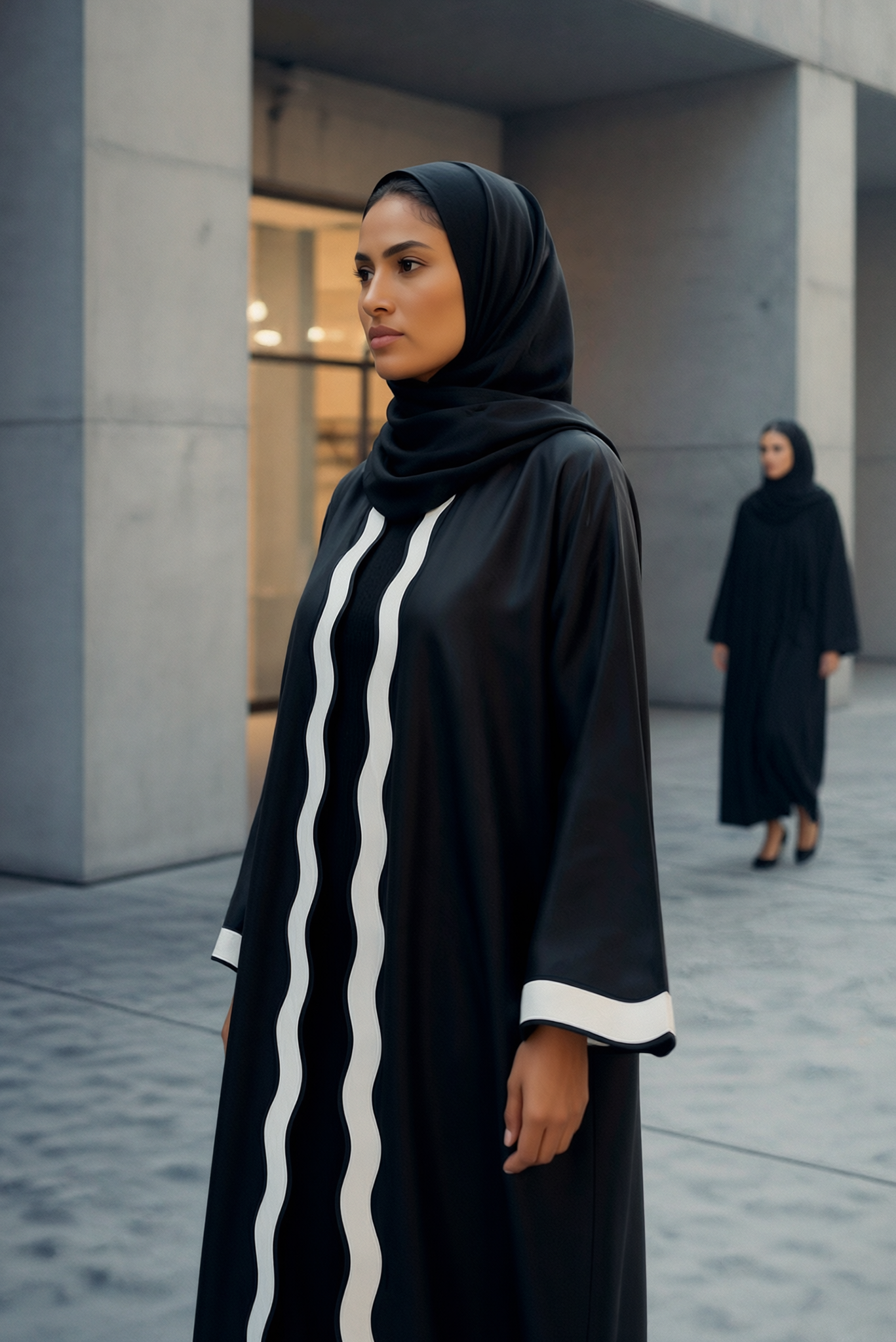 Black Taffeta Abaya with Wavy Contrast Center Panel and Cuff Accents