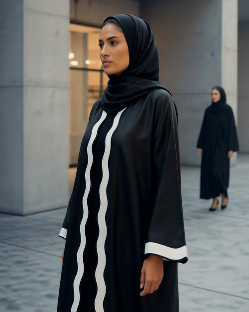 Black Taffeta Abaya with Wavy Contrast Center Panel and Cuff Accents – hover image