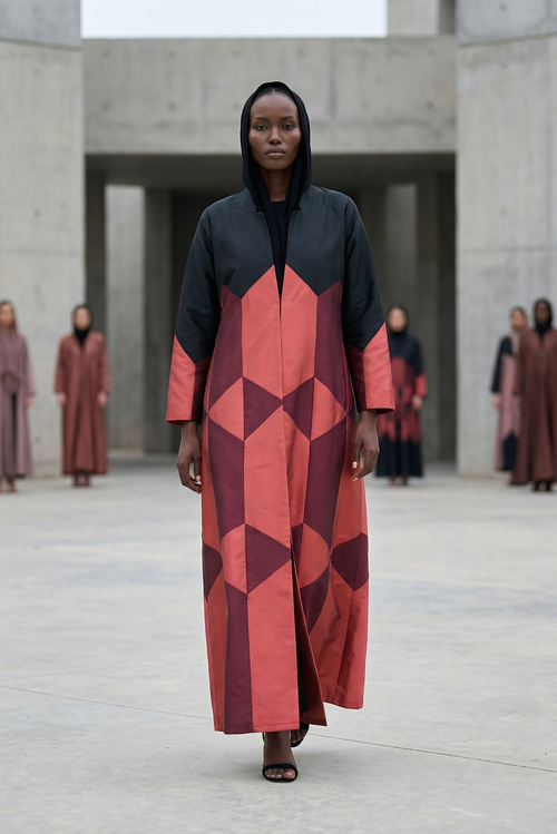 Geometric Color-Block Abaya in Crimson, Berry & Black Taffeta