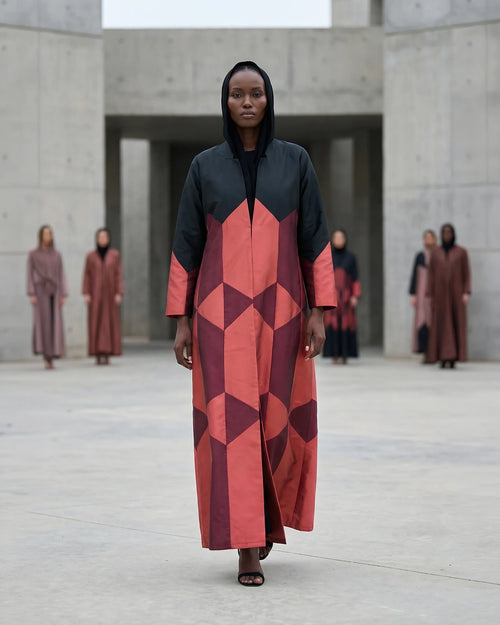 Geometric Color-Block Rust Abaya Taffeta