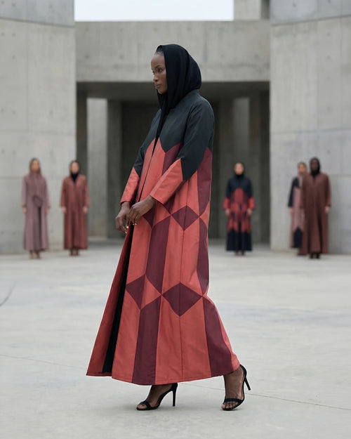 Geometric Color-Block Rust Abaya Taffeta – hover image