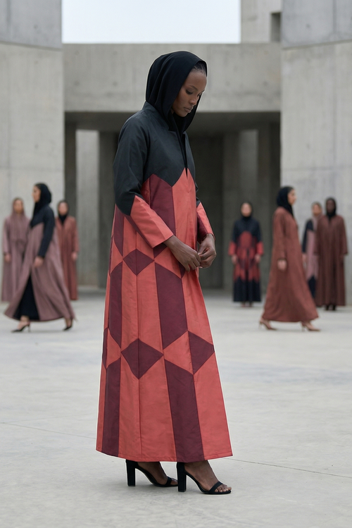 Geometric Color-Block Abaya in Crimson, Berry & Black Taffeta – hover image