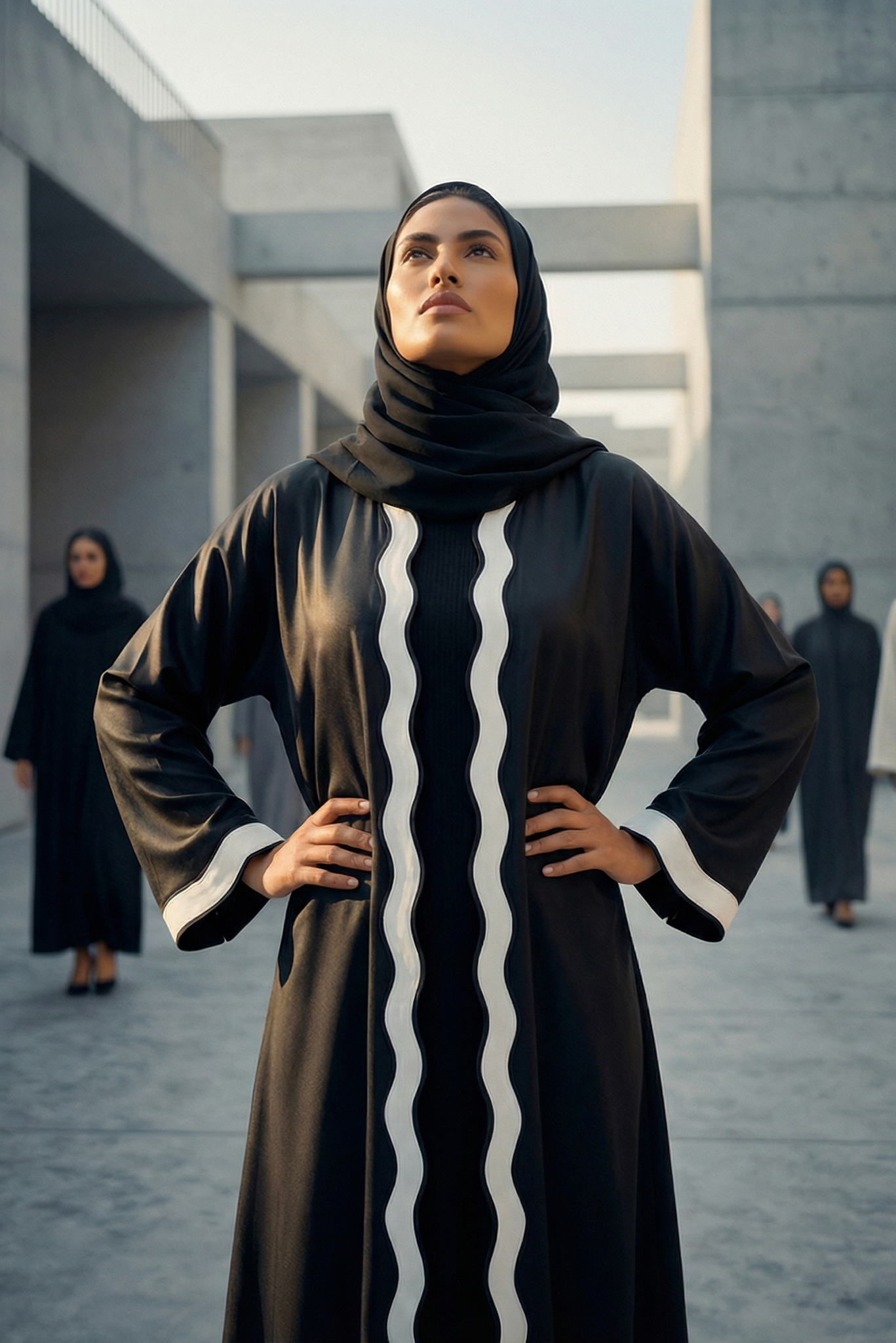 Black Taffeta Abaya with Wavy Contrast Center Panel and Cuff Accents
