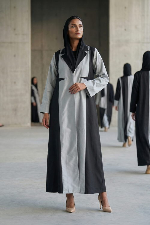 Monochrome Tuxedo-Panel Abaya in Structured Taffeta