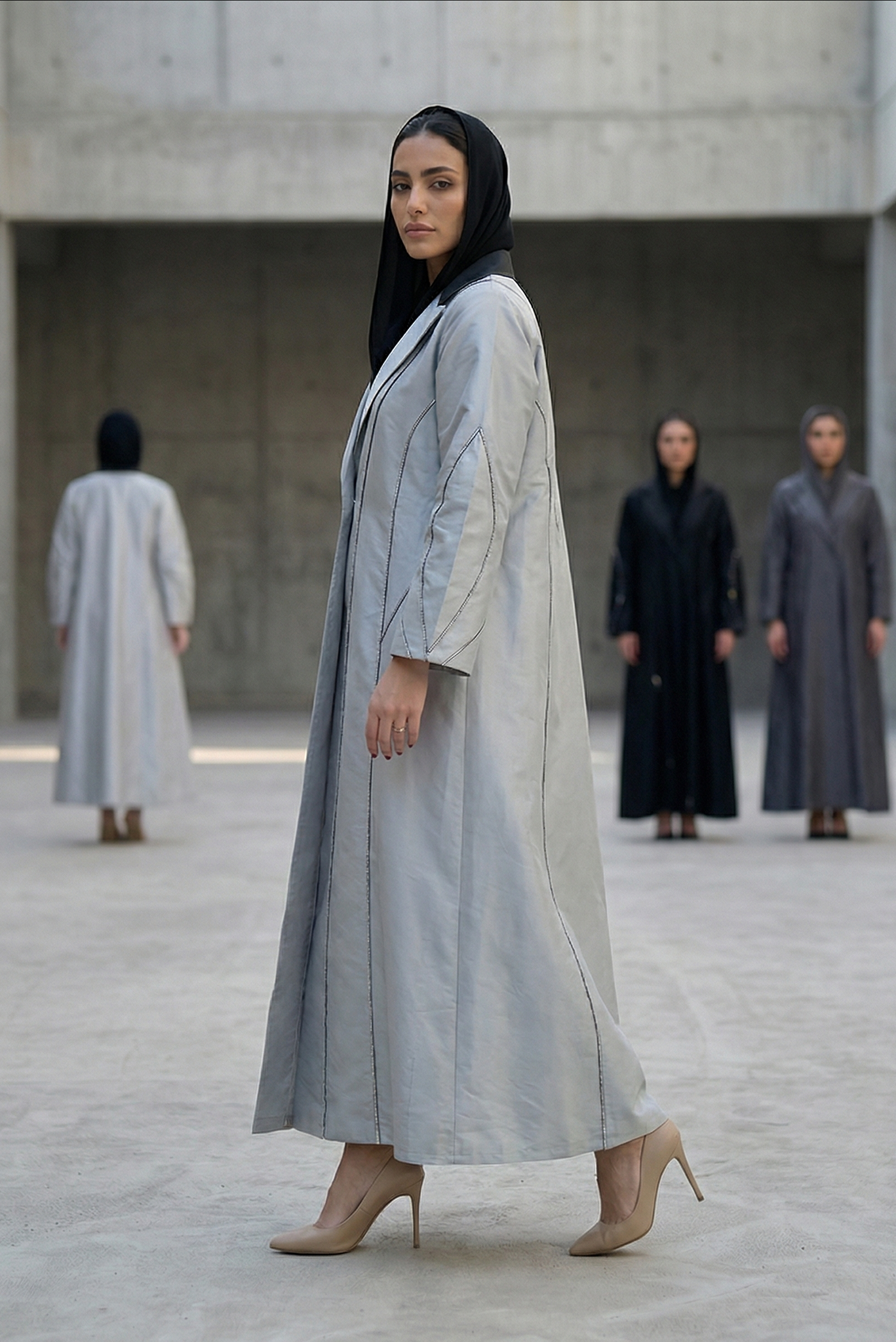 Silver Taffeta Abaya with Sculpted Seam Detailing