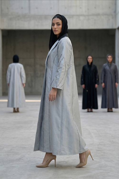 Silver Taffeta Abaya with Sculpted Seam Detailing – hover image