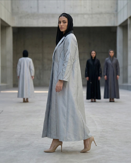 Silver Taffeta Abaya with Sculpted Seam Detailing