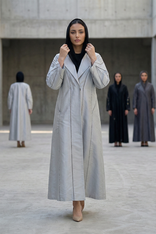 Silver Taffeta Abaya with Sculpted Seam Detailing