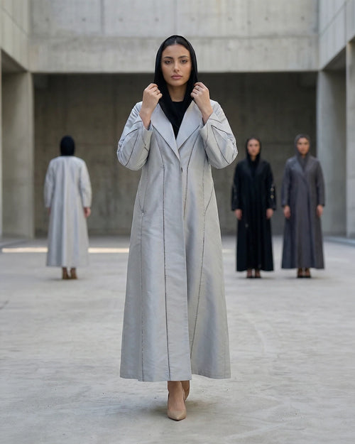 Silver Taffeta Abaya with Sculpted Seam Detailing – hover image