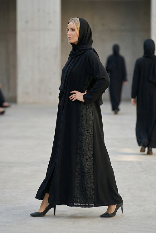Premium Black Abaya with Intricate Side Lace Panels – hover image