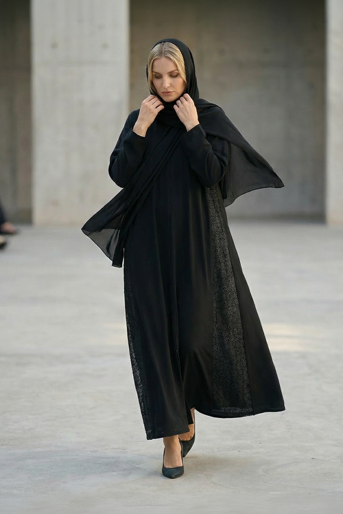 Premium Black Abaya with Intricate Side Lace Panels