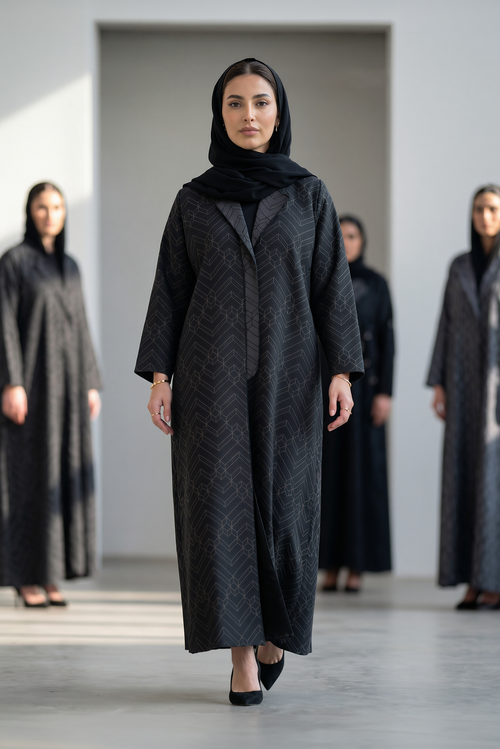 Midnight Geo-Pattern Luxe Open Abaya – Structured Jacquard Black Cloak