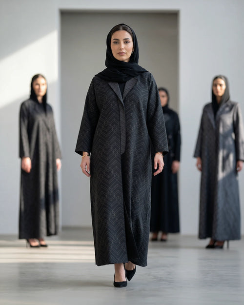 Midnight Geo-Pattern Luxe Open Abaya – Structured Jacquard Black Cloak