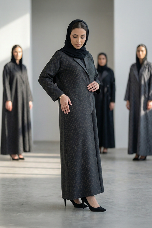Midnight Geo-Pattern Luxe Open Abaya – Structured Jacquard Black Cloak – hover image