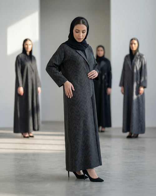 Midnight Geo-Pattern Luxe Open Abaya – Structured Jacquard Black Cloak – hover image