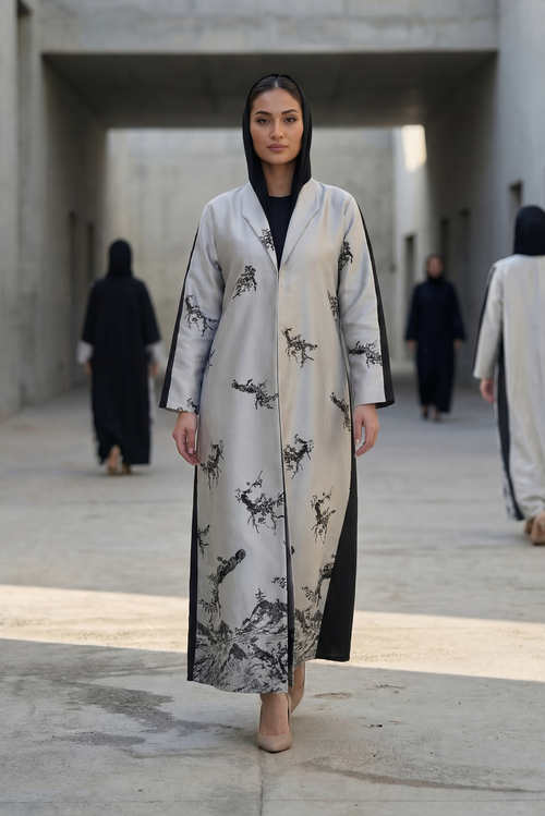 Premium Illustration Open Abaya with Nature-Inspired Print