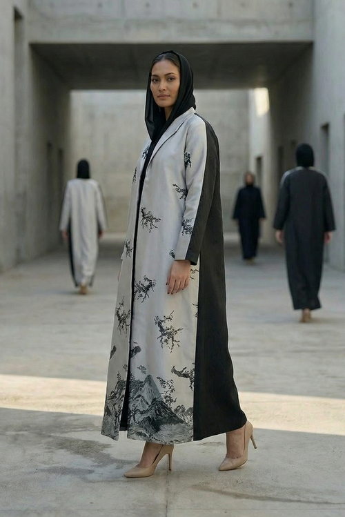 Premium Illustration Open Abaya with Nature-Inspired Print – hover image