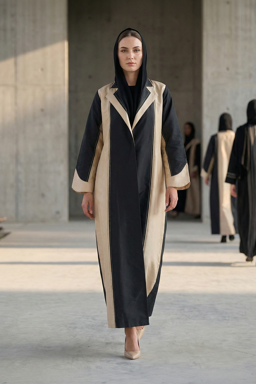 Premium Dual-Tone Structured Elegance Abaya in Black & Beige