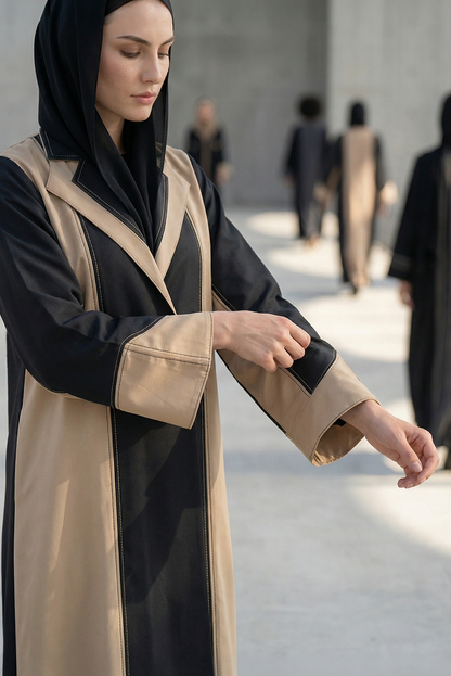 عباية أنيقة مميزة ذات لونين باللونين الأسود والبيج