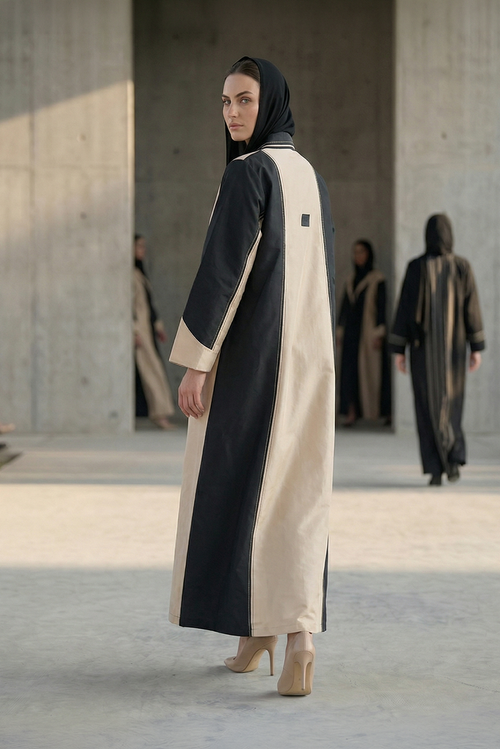 Premium Dual-Tone Structured Elegance Abaya in Black & Beige – hover image