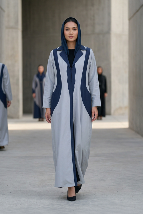 Two-Tone Sapphire Wave Abaya in Textured Taffeta with Sculpted Panel Design