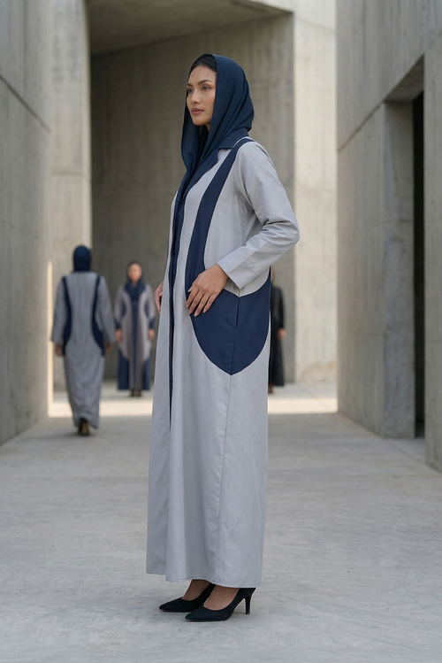 Two-Tone Sapphire Wave Abaya in Textured Taffeta with Sculpted Panel Design – hover image