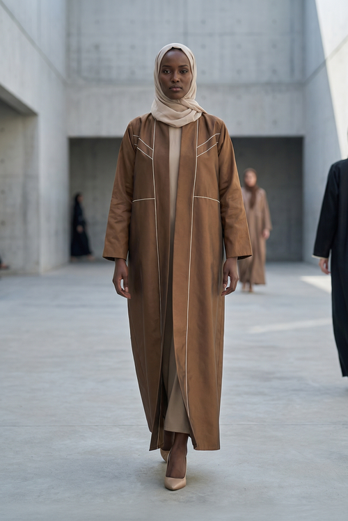 Contrast-Piped Cocoa Abaya with Structured Tailored Finish