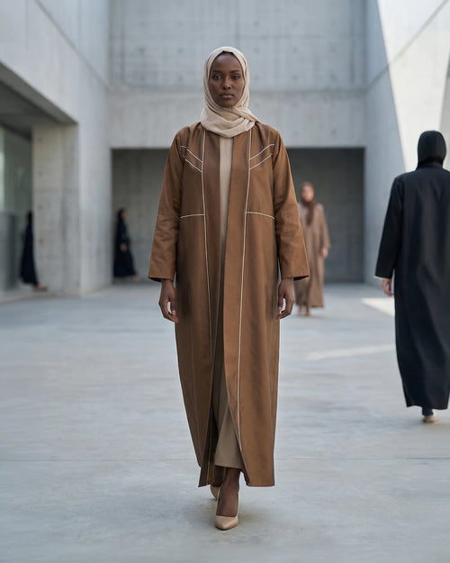 Contrast-Piped Cocoa Abaya with Structured Tailored Finish