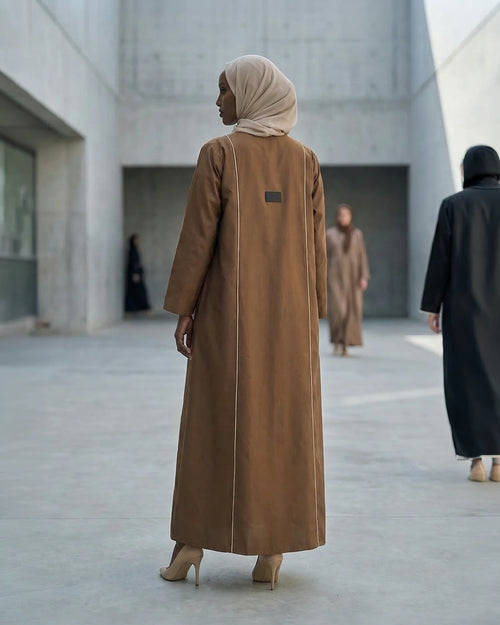 Contrast-Piped Cocoa Abaya with Structured Tailored Finish – hover image