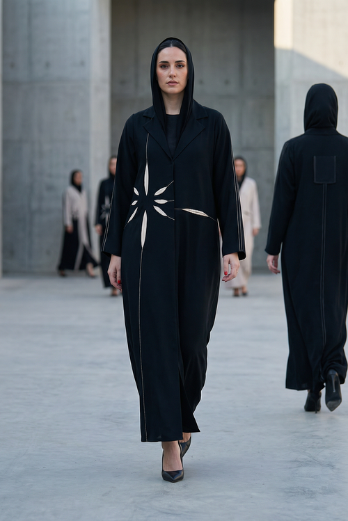 Black Abaya with Abstract Cut-Out Sunburst Design