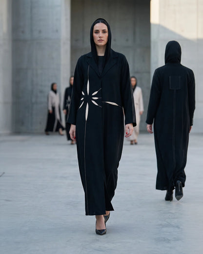 Black Abaya with Abstract Cut-Out Sunburst Design