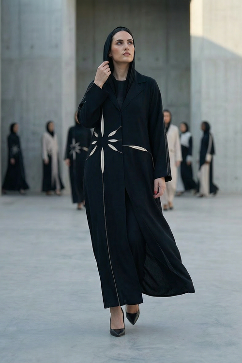 Black Abaya with Abstract Cut-Out Sunburst Design – hover image
