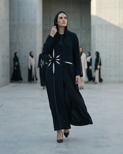 Black Abaya with Abstract Cut-Out Sunburst Design