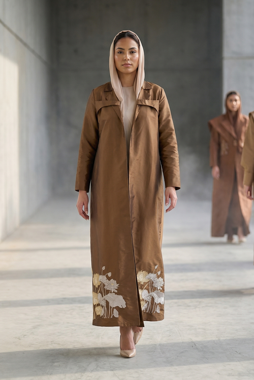 Bronze Taffeta Abaya with Hand-Embroidered Lotus Garden Hem