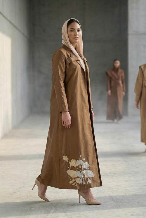 Bronze Taffeta Abaya with Hand-Embroidered Lotus Garden Hem – hover image