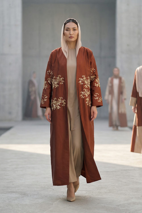 Embroidered Copper Taffeta Abaya with Mosaic Floral Detailing