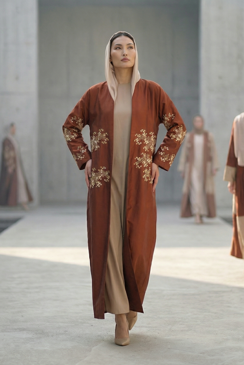 Embroidered Copper Taffeta Abaya with Mosaic Floral Detailing – hover image